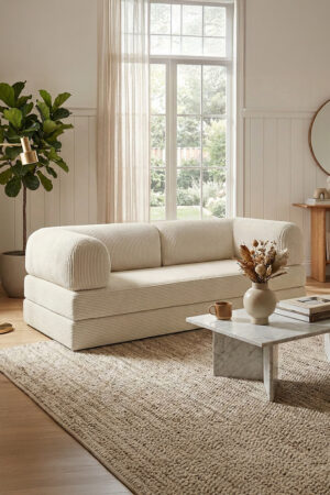 Fitilli Kadife Kanepe | Yıkanabilir Kılıflı Yatak | Krem