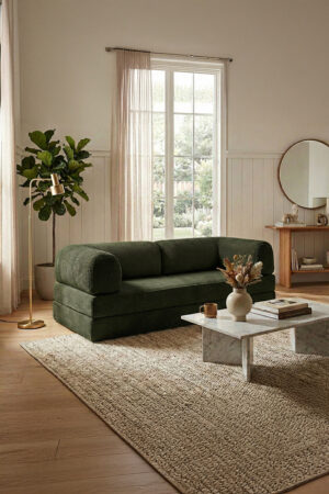 Fitilli Kadife Kanepe | Yıkanabilir Kılıflı Yatak | Haki Yeşili